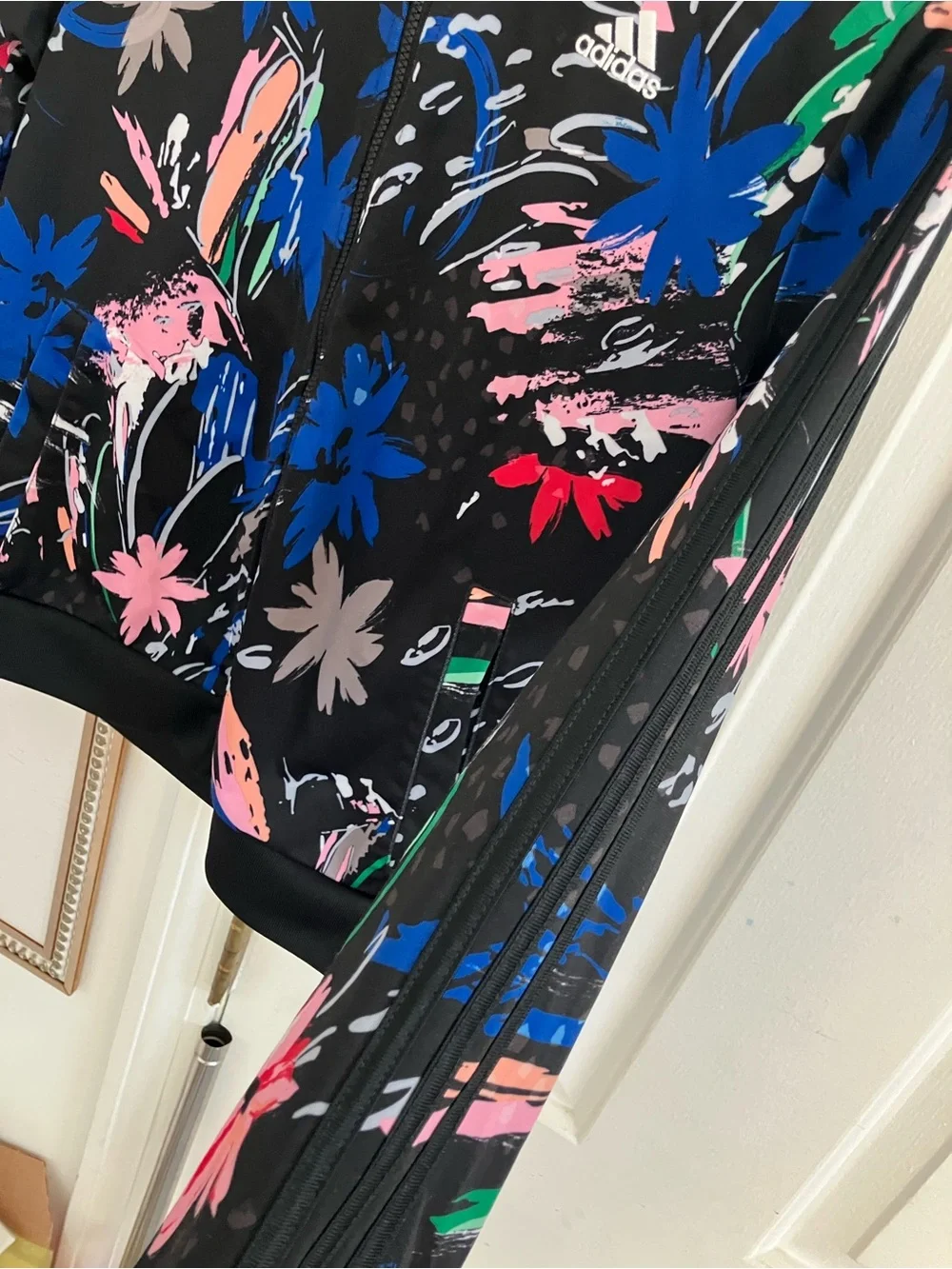 Girls Like New Adidas 3 Striped Black Floral Jacket , Beautiful Colors, Size 16